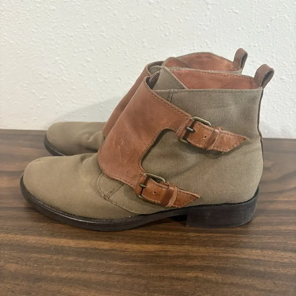 J Crew Womens Canvas Leather‎ Double Monk Strap Ankle Booties Size 7 Green Brown